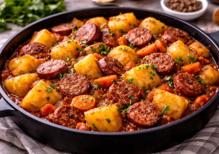 Тушёный картофель по-охотничьи с копчёными колбасками. Простой ужин, который пахнет так, что всех сразу манит на кухню