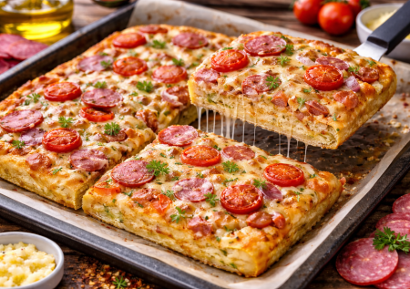 Быстрая запеканка-пицца на противне: тесто-пятиминутка на молоке и начинка по желанию — просто смешали и в духовку