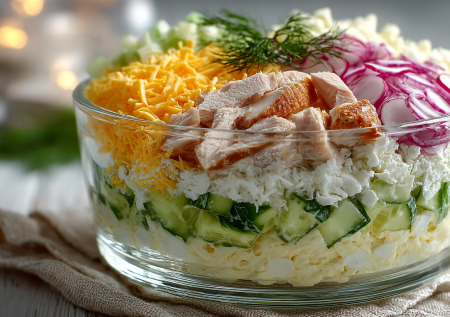 Салат «Майская ночь» с курицей, яблоком и редиской: можно слоями, а можно все перемешать