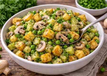 Запекаю картофель кубиками и смешиваю с огурцами — простой салат, который съедают первым. Даже без майонеза получается идеально