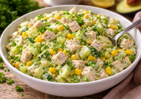 Салат на весну из курицы с зелёной заправкой — свежий, сочный и без тяжёлых соусов