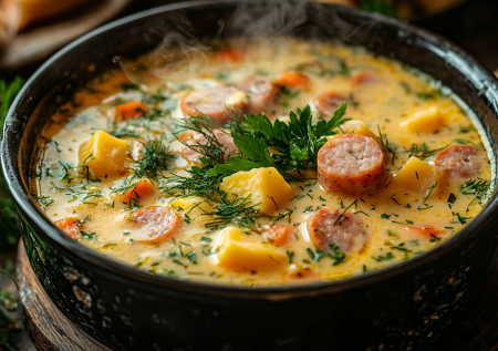 Отдельно ничего не жарю, все делаю сразу в кастрюле — 20 минут и обед готов: сырный суп с колбасками