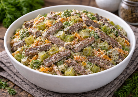 Всей семьей подсели на этот бюджетный салат с печенью — вкус отменный, заправка подходит для весны