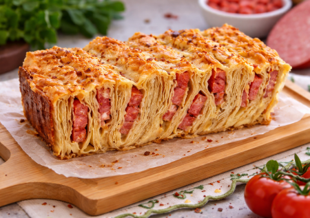 Беру 2 лаваша и копченую колбасу: пирог-гармошка за 7 минут сборки — сочный, тянущийся и исчезает со стола за минуты