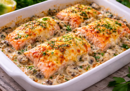 Как приготовить горбушу вкусно — нужны шампиньоны, лук и сыр. Нежная рыба в сливочном соусе без сухости