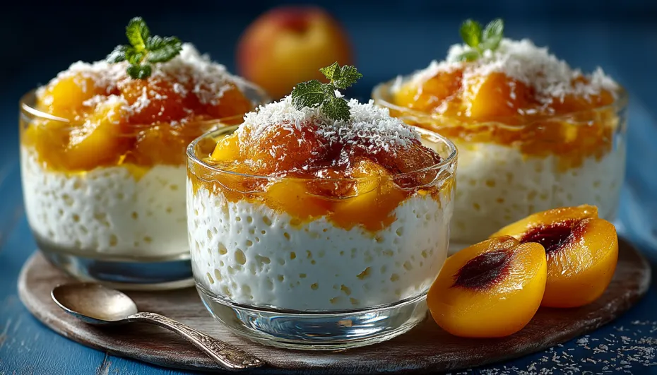 Творожный десерт с персиками в стаканах