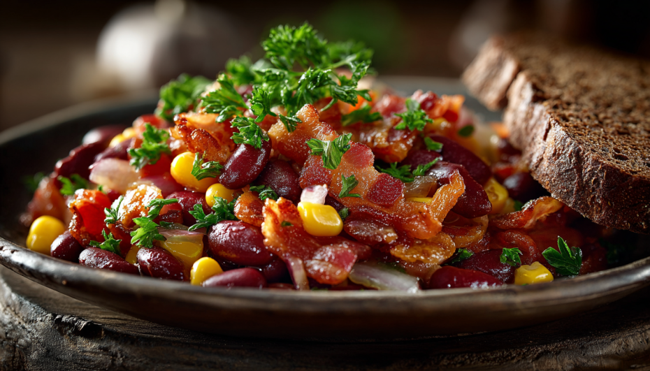 Салат с беконом, фасолью и томатным соусом