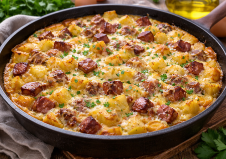 Когда надоела яичница — готовлю этот сытный завтрак из картошки, колбасы и яиц. Получается как из деревенской печи, а готовится проще некуда