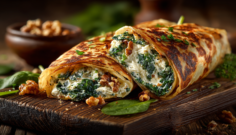 Лаваш с творогом, шпинатом и грецкими орехами