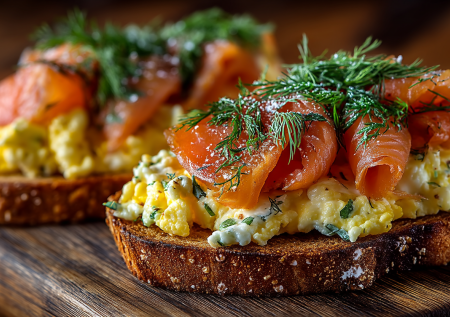 Утреннее наслаждение без хлопот: воздушный омлет на хрустящем тосте с лососем. Полезно, элегантно и невероятно вкусно