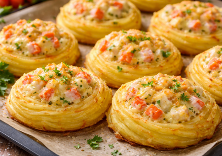 Гнёзда из картошки с крабовыми палочками — просто, красиво и очень вкусно. Гости всегда думают, что это сложное блюдо