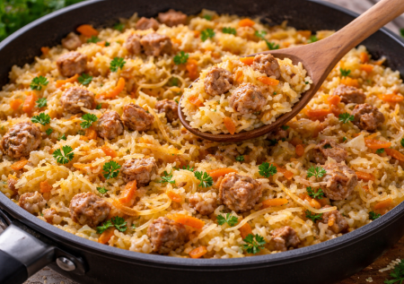 Рис с тушёнкой и капустой на сковороде — простой ужин из доступных продуктов. Получается сытно, ароматно и очень по-домашнему