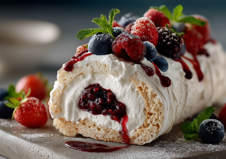 Этот меренговый рулет — воплощение легкости и изящества. Без муки, с ягодным конфи и облаком сливочного крема