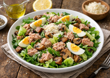 Казалось бы, нужны грибы и банка консервов — на выходе получаю вкуснейший и сытный салат на все случаи