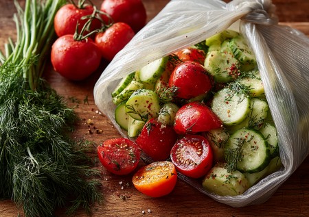 Быстрый малосольный салат из помидоров и огурцов — готовим в пакете: к шашлыку или ужину