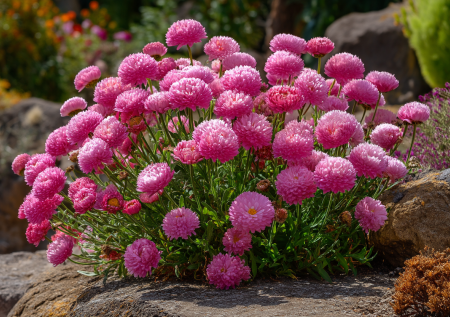 С середины весны до конца августа клумба завалена цветами: многолетник для дачи — по 30 помпонов на одной розетке