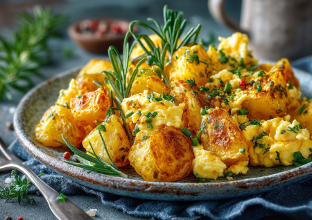 Остался вчерашний картофель? Превращаем в шедевр! Золотистые брусочки в облаке яичной болтуньи с зеленью — идеальный завтрак