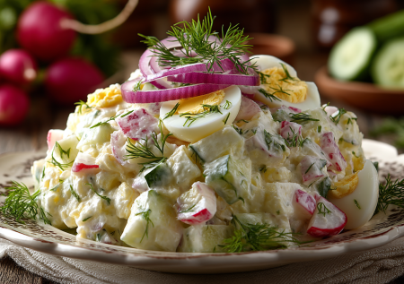 Вместо оливье и крабового с приходом тепла готовлю салат «Летний»: свежий, хрустящий, с редисом