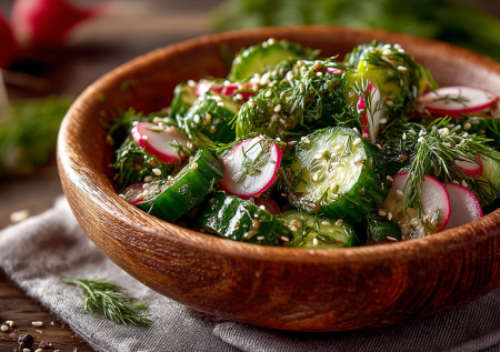 Пикантная закуска к шашлыку из огурцов и редиски: битые овощи под соусом с чесночком