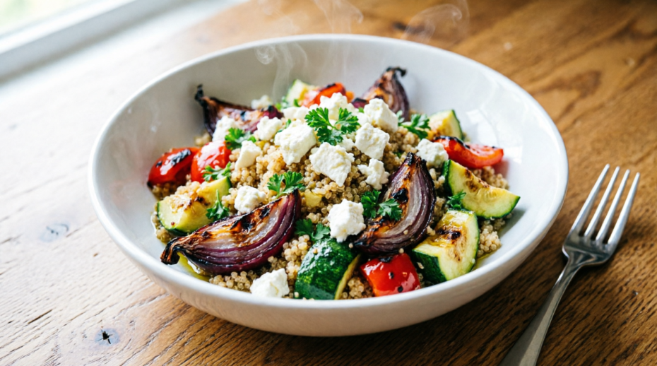 Теплый салат с киноа, запеченными овощами и фетой