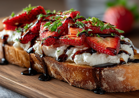 Выглядит круто, а готовится просто — брускетта с клубникой и рикоттой. Готовлю за 15 минут и подаю к празднику