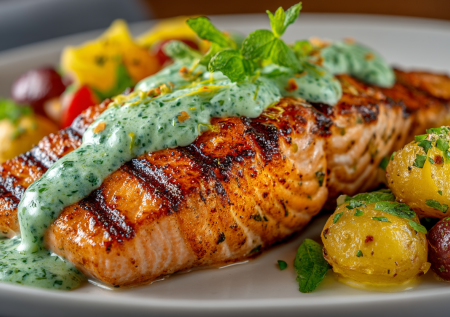 Лосось в элегантном дуэте: готовим нежный картофельный салат под мятным соусом — магия за 40 минут