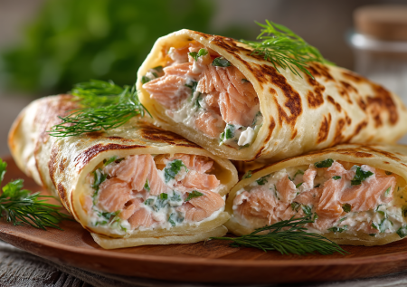 Разминаю горбушу с творожным сыром и зеленью — мажу на лаваш. Нежный рулет к чаю — лучше, чем в кофейне