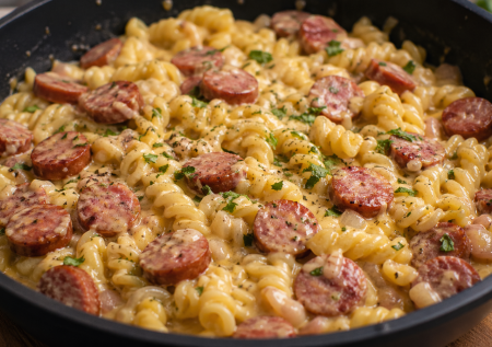 Три пластинки сыра и пачка охотничьих колбасок: сырные макароны сведут всех с ума. Готовим все на одной сковороде и без лишней посуды