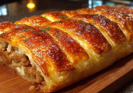 Беру слоеное тесто и фарш — выкладываю полосками. Через 40 минут на столе пирог, сочнее беляшей и пышнее пиццы