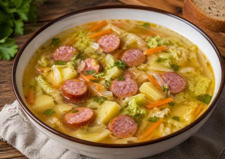 Никакие щи не нужны: быстрый суп из пекинки, охотничьих колбасок и картошки — ароматный и сытный за 20 минут