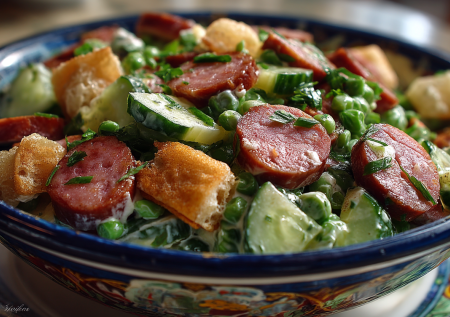 Беру копченую колбасу, огурец и горошек — через 1 минуту на столе салат «Миледи», сытный и хрустящий