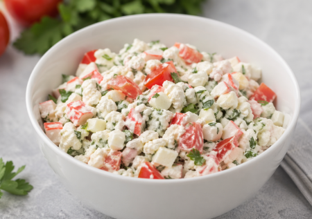 Вы ещё не готовили крабовый с творогом? Обалденный некалорийный салат с помидорами и чесноком — необычно, но очень вкусно