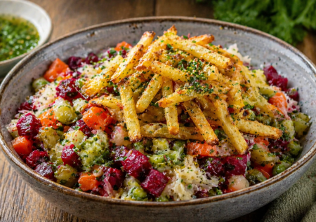 Винегрет с запеченной соломкой картошки: весенний вариант с заправкой из пучка зелени, оливкового масла и зернистой горчицы