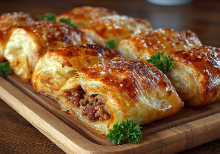 Пачка слоеного теста и 400 г фарша — через 25 минут на столе конверты: хрустящие, слоистые, с пикантной начинкой, вкуснее пирожков