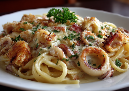 Обваливаю кольца кальмара в муке и на огонь — через 10 минут подаю нежные кальмары в сметанном соусе