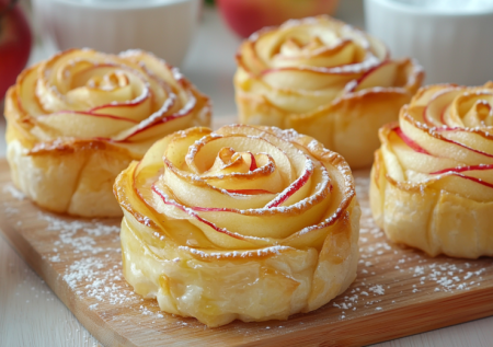 Нарезаю тесто на полоски и просто закручиваю: через 20 минут яблочные розочки готовы, красивый десерт к чаю