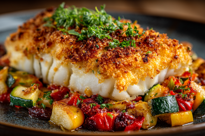 Запеченный минтай с овощами под сырной корочкой