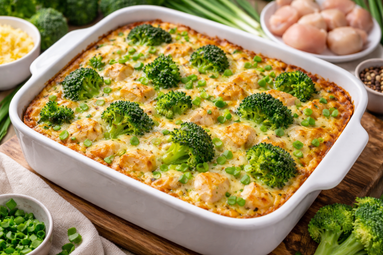 Нежная запеканка с курицей и брокколи под сырным кремом