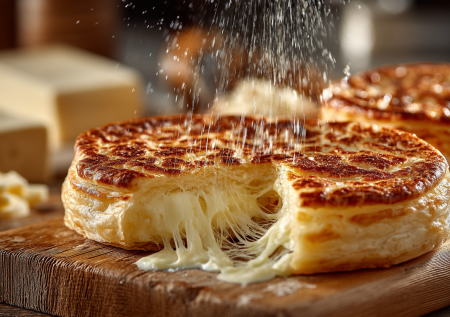 Беру слоеное тесто и заворачиваю в него сыр – выпекаю 15 минут и подаю хрустящие пироги