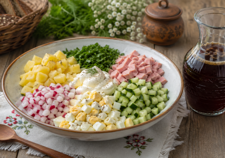 Трюк с картофелем и зеленью: готовим окрошку как в ресторане. На выбор — 10 заливок