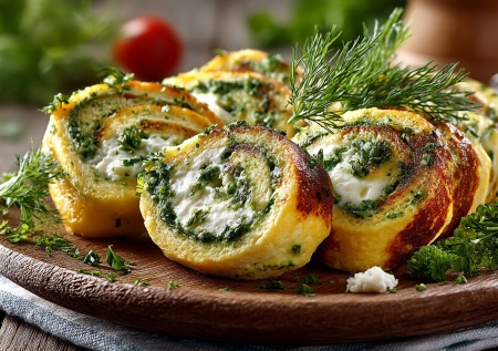 Завтрак из яиц и творожного сыра — рулетики с песто за 5 минут, нежные, сочные, готовятся без духовки