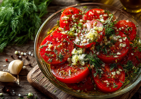 Беру 1 кг помидоров и добавляю к ним ложку уксуса — через час подаю к столу томаты по-корейски