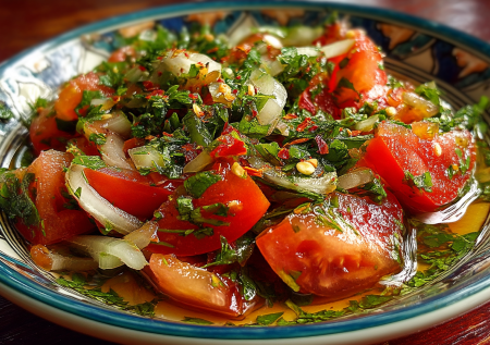 Помидоры дольками и немного чесночка — через 15 минут грузинский салат готов, пикантный, ароматный, под шашлык — объедение