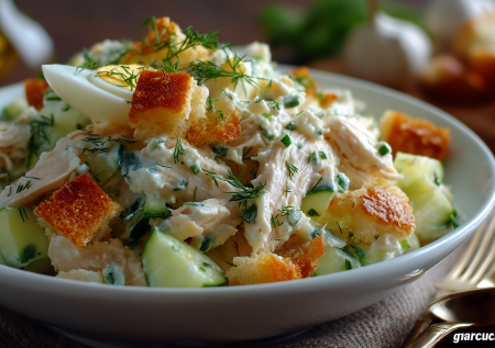 Мешаю плавленые сырки с копченой курицей и огурцом — посыпаю сухариками и чесноком: салат «Каприз» за 5 минут проще винегрета и оливье