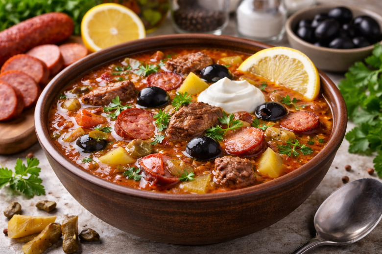 Рецепт солянки с мясом и колбасой