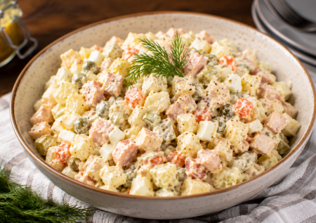 Если хочу оливье весной, делаю некалорийную и вкуснячую версию: копчёная грудка, огурчики и необычная заправка