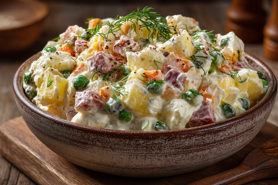 Классический оливье с докторской колбасой и солеными огурцами