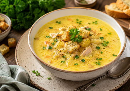 Сырный суп по-французски готовится очень просто: картошка, сыр, курочка — варю вместо привычных супов, вкусно с чесночными гренками