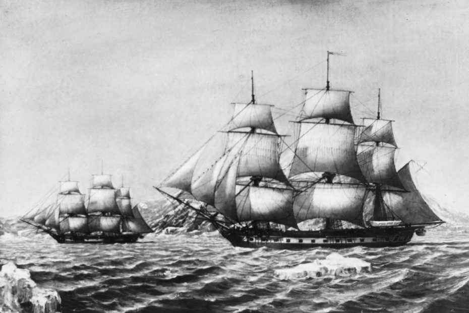 Шлюпы «Восток» и «Мирный» у берегов открытой ими Антарктиды в 1820 году. Репродукция с картины Е. Войшвилло и Б. Стародубцева