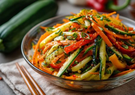 Овощи по-корейски — вкуснее магазинных и чистый состав: кабачок, морковь и перчик под соусом без уксуса